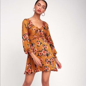 SOLD-Free People Yellow Floral Satin Long Sleeve Dress